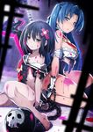 alice_(mary_skelter) barefoot black_hair blue_eyes blue_hair breasts chain cinderella_(mary_skelter) cleavage cuffs gloves handcuffs highres mary_skelter medium_breasts messy multiple_girls nanameda_kei off_shoulder official_art short_hair small_breasts squatting torn_clothes white_gloves yellow_eyes 