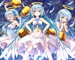  bell bell_earrings bellringer_angel blue_eyes blue_hair closed_eyes commentary dress earrings feathers hair_ornament hairclip halo hands_on_hips jewelry long_hair looking_at_viewer matokechi multiple_girls open_mouth shadowverse smile standing white_dress wings 