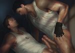  2boys bara blush body_hair bottomless brown_hair chris_redfield erection facial_hair frottage gloves lying male_focus multiple_boys muscle penguin_frontier penis piers_nivans pubic_hair resident_evil sweat testicles uncensored undressing yaoi 