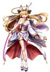  animal_ears blonde_hair breasts crossed_legs erune fox_ears full_body gold_trim granblue_fantasy highres kazuki_seihou large_breasts long_hair looking_at_viewer low-tied_long_hair open_mouth red_eyes shiny shiny_hair simple_background solo sword v-shaped_eyebrows very_long_hair watson_cross weapon white_background yuisis_(granblue_fantasy) 
