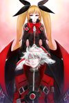  1girl absurdres blazblue blonde_hair bow capelet cradling_head early_type eyebrows_visible_through_hair eyelashes flat_chest gothic_lolita hair_ribbon highres jacket lap_pillow light_smile lolita_fashion long_hair low_wings pale_skin rachel_alucard ragna_the_bloodedge red_bow red_eyes red_jacket ribbon twintails very_long_hair white_hair wings 