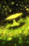  ahoge commentary contrast dress dutch_angle fantasy glowing grass highres light_particles long_hair looking_at_viewer original sakimori_(hououbds) scenery shade sitting solo texture yellow 