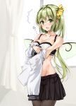  1girl absurdres alternate_breast_size amagi_(amagi626) bangs bare_shoulders black_legwear black_skirt blush bra breasts cleavage collarbone commentary_request cowboy_shot curtains daiyousei eyebrows_visible_through_hair fairy_wings green_eyes green_hair groin hair_between_eyes hair_ribbon highres indoors large_breasts long_hair long_sleeves looking_at_viewer miniskirt nose_blush one_side_up open_mouth pantyhose pleated_skirt ribbon school_uniform serafuku skirt solo standing thighs touhou translation_request underwear undressing very_long_hair white_bra white_serafuku wings yellow_ribbon 