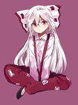  alternate_eye_color asuzemu bangs black_legwear bow closed_mouth collared_shirt expressionless flat_chest fujiwara_no_mokou hair_bow head_tilt highres long_hair long_sleeves looking_at_viewer pants purple_background purple_eyes red_pants shirt simple_background solo suspenders touhou very_long_hair white_hair white_shirt 