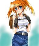  backpack bag belt black_gloves blue_eyes blush breasts gloves lyrical_nanoha mahou_shoujo_lyrical_nanoha_strikers orange_hair pants san-pon solo sweat teana_lanster twintails two_side_up 