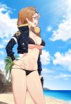  1girl :d bangs beach bikini bikini_under_clothes black_bikini black_jacket blue_sky blurry blurry_background blush breasts brown_hair cleavage cloud cloudy_sky collarbone contrapposto cropped_jacket day depth_of_field eyewear_on_head fur_collar girls_frontline grizzly_mkv grizzly_mkv_(girls_frontline) groin gun hand_on_hip highres holding holding_gun holding_weapon horizon jacket lens_flare light_rays long_sleeves looking_away medium_breasts narynn navel ocean open_clothes open_jacket open_mouth outdoors palm_tree profile purple_eyes short_hair sidelocks sky sleeves_past_wrists smile solo standing stomach sunbeam sunglasses sunlight swimsuit tree twitter_username upper_teeth water weapon 