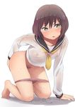  arm_support bangs blush bob_cut bottomless breasts brown_eyes brown_hair covered_nipples eyebrows_visible_through_hair full_body hair_ornament hairclip hayyan highres kneeling long_sleeves looking_at_viewer neckerchief open_mouth original panties panty_pull pubic_hair purple_panties school_uniform see-through serafuku short_hair simple_background small_breasts solo tears underwear wet wet_clothes white_background yellow_neckwear 