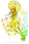  2013 blonde_hair bracelet character_name copyright_name dated dress green_eyes hair_ornament jewelry long_hair open_mouth parasol personification plants_vs_zombies solo star starfruit_(pvz) teeth thighhighs umbrella wail_(wailwind) white_background 