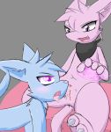  &lt;3 &lt;3_eyes 2018 ambiguous_gender anthro bandanna blue_fur blue_hair blush claws domestic_cat duo felid feline felis female fur grey_background hair legendary_pok&eacute;mon mammal mew mind_control mostly_nude nintendo open_mouth pink_fur pink_hair pok&eacute;mon pok&eacute;mon_(species) purple_eyes pussy ryoku saliva simple_background sitting tongue tongue_out video_games 
