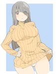  absurdres ass_visible_through_thighs black_hair breasts brown_eyes clothes_lift cowboy_shot donguri_suzume dress dutch_angle eyebrows_visible_through_hair eyes_visible_through_hair hair_over_one_eye hand_on_hip highres large_breasts long_hair long_sleeves original panties ribbed_sweater simple_background sketch sleeves_past_wrists solo sweater sweater_dress sweater_lift turtleneck turtleneck_sweater underwear white_panties 