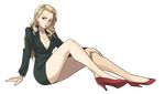  arm_support baka_guruo bare_legs becchi_(runark) blonde_hair blue_eyes breasts cleavage curly_hair formal frown full_body high_heels highres large_breasts legs long_hair looking_at_viewer miniskirt no_bra pencil_skirt red_footwear runark shoes sitting skirt skirt_suit solo suit transparent_background 