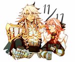  armor astolfo_(fate) birthday braid cake dark_skin dark_skinned_male dated fate/apocrypha fate_(series) food long_hair looking_at_another male_focus mine_(odasol) multiple_boys otoko_no_ko pink_hair pocky siegfried_(fate) simple_background white_background white_hair 