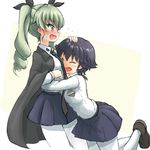  anchovy anzio_school_uniform bangs belt black_footwear black_hair black_neckwear black_ribbon black_skirt blush braid brown_eyes cape closed_eyes commentary cowboy_shot dress_shirt drill_hair embarrassed emblem flying_sweatdrops girls_und_panzer green_hair hair_ribbon hand_on_another's_head highres hug leg_up loafers long_hair long_sleeves miniskirt multiple_girls necktie open_mouth pantyhose pepperoni_(girls_und_panzer) pleated_skirt ribbon school_uniform shirt shoes short_hair side_braid simple_background sketch skirt smile standing twin_drills twintails wabiushi white_background white_legwear white_shirt 