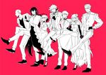  archer artoria_pendragon_(all) closed_eyes dark_skin dress edmond_dantes_(fate/grand_order) emiya_alter facial_hair fate/grand_order fate/stay_night fate_(series) formal fujimaru_ritsuka_(male) hand_on_hip hat high_heels highres james_moriarty_(fate/grand_order) jeanne_d'arc_(alter)_(fate) jeanne_d'arc_(fate)_(all) kekkai_sensen leg_up long_hair mash_kyrielight monochrome multiple_boys multiple_girls mustache one_eye_closed open_mouth pink_background ponytail saber_alter short_hair simple_background smile standing standing_on_one_leg sugar_song_and_bitter_step suit wavy_hair yan_qing_(fate/grand_order) yuyuto 
