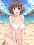  akiyama_yukari beach bikini blush breasts brown_eyes brown_hair cloud cloudy_sky commentary_request day girls_und_panzer hasu_(hk_works) large_breasts looking_at_viewer navel open_mouth outdoors short_hair sky smile solo swimsuit water white_bikini 