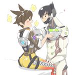  1girl armor ass bangs black_hair bodysuit brown_hair chip-tooth couple cyborg eye_contact flower genji_(overwatch) happy heart hetero highres holding looking_at_another mask mask_removed overwatch short_hair sitting smile spiked_hair strap tracer_(overwatch) white_background 