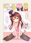  :p bangs between_legs black_hat black_legwear bow brown_eyes brown_hair cafe-chan_to_break_time cafe_(cafe-chan_to_break_time) camisole coffee_beans comic cup hair_between_eyes hand_between_legs hat hat_bow looking_at_viewer no_pants no_shoes pantyhose pink_bow porurin sitting skirt skirt_removed spread_legs strap_slip teacup thighband_pantyhose tongue tongue_out top_hat translation_request v-shaped_eyebrows 
