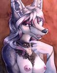  2017 anthro areola bangs breasts brown_background bust_portrait canine chest_tuft collar ear_piercing eyelashes eyeshadow fangs female fox fur grey_fur grey_hair hair half-closed_eyes highlights industrial_piercing inner_ear_fluff long_hair looking_at_viewer makeup mammal nipple_piercing nipples open_mouth piercing portrait purple_eyes purple_highlights ruaidri seductive simple_background solo syandene teeth traditional_media_(artwork) tuft whiskers white_fur 