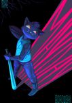  anthro baseball_bat black_fur cat clothed clothing english_text feline female fur harshai jeans looking_back mae_(nitw) mammal night night_in_the_woods pants red_eyes solo text whiskers 