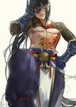  armor black_hair chest_tattoo chinese_clothes fate/grand_order fate_(series) gauntlets green_eyes hand_on_hip long_hair male_focus muscle nagatekkou parted_lips picube525528 shirtless simple_background smile tattoo very_long_hair white_background yan_qing_(fate/grand_order) 