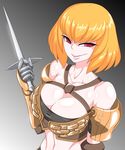  armor bandeau blonde_hair breasts cleavage clementine_(overlord) dagger gauntlets highres large_breasts looking_at_viewer mimizu_(tokagex) overlord_(maruyama) parted_lips red_eyes short_hair smile solo weapon 