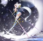  ass bare_shoulders blue_eyes long_hair looking_at_viewer looking_back observerz original ponytail skis solo sword thighhighs weapon white_hair 
