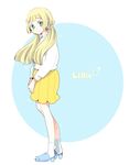  1girl alternate_costume alternate_hairstyle bangs blonde_hair blush english fingernails flower green_eyes heels lillie_(pokemon) plain_background pokemon pokemon_(game) pokemon_sm skirt smile socks solo sweater text twintails 