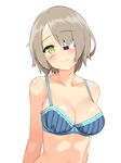  arms_at_sides blue_bra blush bra breasts brown_hair cleavage closed_mouth collarbone eyebrows_visible_through_hair eyepatch frilled_bra frills green_eyes hair_over_one_eye highres light_smile looking_at_viewer medium_breasts nezuko original short_hair simple_background smile solo underwear upper_body white_background 
