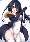  ashisi black_hair brown_eyes covered_navel cowboy_shot emperor_penguin_(kemono_friends) hair_over_one_eye headphones highres jacket kemono_friends leotard long_hair looking_at_viewer open_clothes open_jacket solo standing thighhighs white_legwear white_leotard 
