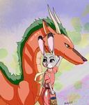  2017 anthro brokeguy21 chihiro_ogino clothing disney dragon duo female feral fur ghibli haku_(spirited_away) judy_hopps lagomorph mammal nick_wilde rabbit spirited_away zootopia 
