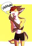  anthro blush canine clothed clothing dawnav eyes_closed fur hair male mammal open_mouth solo standing yawn 