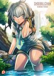  artist_name bare_arms bare_legs belt bird_tail bird_wings black_gloves black_hair breasts character_name collared_shirt commentary copyright_name day eyebrows_visible_through_hair gloves grey_neckwear grey_shirt grey_shorts head_wings highres kemono_friends long_hair looking_at_viewer low_ponytail medium_breasts multicolored_hair necktie no_legwear orange_hair outdoors patreon_logo patreon_username pocket shirt shoebill_(kemono_friends) short_sleeves shorts side_ponytail signature silver_hair solo tail tree wading water watermark web_address wings yellow_eyes zen_(jirakun) 