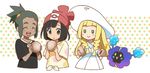  2girls akino_nogako beanie black_hair black_shirt blonde_hair blush_stickers braid closed_eyes cosmog dark_skin dark_skinned_male dress gen_7_pokemon green_eyes green_hair hat hau_(pokemon) lillie_(pokemon) long_hair malasada mizuki_(pokemon) multiple_girls open_mouth pokemon pokemon_(creature) pokemon_(game) pokemon_sm ponytail red_hat shirt short_hair short_sleeves sleeveless sleeveless_dress smile sun_hat tied_shirt twin_braids white_dress white_hat 