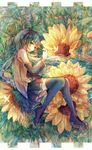  aqua_hair bai_qi-qsr black_legwear bug butterfly detached_sleeves flower green_eyes hatsune_miku insect long_hair lying on_side sketch skirt solo sunflower thighhighs twintails vocaloid 