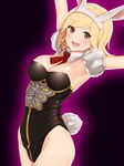  animal_ears arched_back armpits arms_up bangs black_background black_leotard blonde_hair breasts bunny_ears bunny_tail bunnysuit cleavage cowboy_shot detached_collar djeeta_(granblue_fantasy) eyebrows_visible_through_hair fake_animal_ears fake_tail glowing granblue_fantasy leotard looking_at_viewer medium_breasts nezuko open_mouth red_ribbon ribbon short_hair smile solo strapless strapless_leotard swept_bangs tail 