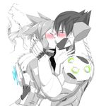  1girl armor bangs blush bodysuit chip-tooth closed_eyes couple cyborg french_kiss genji_(overwatch) hetero highres holding kiss mask mask_removed overwatch short_hair spiked_hair tongue tongue_out tracer_(overwatch) white_background 