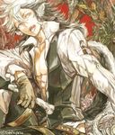  abs animal_ears black_hair bone brown_gloves european_clothes fangs fire_emblem fire_emblem_if flannel_(fire_emblem_if) gloves holding holding_bone long_hair male_focus multicolored_hair open_mouth pectorals red_background sitting tail toned toned_male torisudesu white_hair wing_collar wolf_ears wolf_tail 