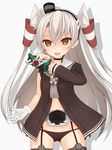  :d amatsukaze_(kantai_collection) asakura_meito black_choker black_panties brown_eyes choker commentary_request garter_straps hair_tubes hairband henshin_pose highres holding kamen_rider kamen_rider_kabuto_(series) kamen_rider_kick_hopper kantai_collection long_hair looking_at_viewer open_mouth panties parody pose rider_belt school_uniform serafuku silver_hair simple_background smile solo thighhighs two_side_up underwear v-shaped_eyebrows white_background 