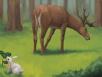  2016 ambiguous_gender antlers backsack balls brown_eyes brown_fur butt cervine deer detailed_background difetra duo feral forest fur grass horn lagomorph looking_back male mammal nature outside plant rabbit size_difference tree white_fur 