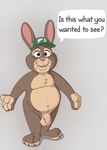  anthro armpit_hair balls brown_eyes brown_fur disney english_text flaccid fur hat humanoid_penis lagomorph looking_at_viewer male mammal navel neenya nude penis rabbit simple_background slightly_chubby solo speech_bubble standing stu_hopps text whiskers zootopia 