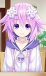  collarbone eyebrows_visible_through_hair grin hair_between_eyes hair_ornament hirano_katsuyuki indoors jewelry long_hair looking_at_viewer necklace neptune_(choujigen_game_neptune) neptune_(series) pink_hair purple_eyes sitting smile solo sweater white_sweater 