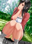  alternate_costume bangs black_hair black_skirt breasts brown_eyes cardigan casual chin_rest cleavage closed_mouth collarbone commentary_request day final_fantasy final_fantasy_vii foreshortening highres knees_together_feet_apart large_breasts long_hair looking_away open_cardigan open_clothes outdoors panties pantyshot pantyshot_(squatting) plant shoes sidelocks skirt sneakers socks solo squatting suuitchi tifa_lockhart underwear white_legwear yellow_panties 