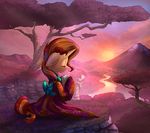  2017 beverage clothed clothing cloud cup equestria_girls equine eyes_closed female feral hair horn japanese_clothing kimono landscape mammal mountain multicolored_hair my_little_pony nature outside river sky solo sun sunset sunset_shimmer_(eg) tree tsitra360 two_tone_hair unicorn unicorn_horn vest_(artist) 