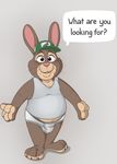 briefs brown_eyes brown_fur bulge clothing english_text fur hat lagomorph looking_at_viewer male mammal neenya rabbit shirt simple_background slightly_chubby solo standing stu_hopps tank_top text underwear whiskers 
