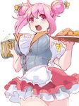 alcohol beer beer_mug berino_bottsu breasts cup double_bun food hips holding holding_cup iwaya large_breasts open_mouth original pink_eyes pink_hair solo tray waitress wrist_cuffs 