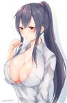  black_hair blouse breasts cleavage collarbone covered_nipples dated hair_between_eyes hair_over_shoulder highres kantai_collection large_breasts lips long_hair looking_down ponytail sakiryo_kanna sidelocks sleepy solo unbuttoned upper_body very_long_hair white_blouse yahagi_(kantai_collection) 