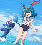  :d animal_ears azumarill azumarill_(cosplay) bangs bare_shoulders black_eyes blue_eyes blue_hair blue_sailor_collar blue_sky blue_swimsuit blush cloud cosplay covered_navel day dutch_angle fake_animal_ears fake_tail flat_chest flipped_hair from_side full_body gen_2_pokemon gen_7_pokemon hairband hand_up happy jumping legs looking_at_another motion_lines new_school_swimsuit ocean one-piece_swimsuit open_mouth outdoors outstretched_arm pokemon pokemon_(creature) pokemon_(game) pokemon_sm popplio sailor_collar school_swimsuit shirt short_hair sky sleeveless sleeveless_shirt smile splashing standing suiren_(pokemon) swimsuit swimsuit_under_clothes tail tail_wagging takamame trial_captain wading water water_drop wet white_shirt 