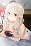  alcohol bed bed_sheet beer between_breasts blurry blush breasts brown_eyes dated depth_of_field dutch_angle grey_hair hair_between_eyes highres indoors kantai_collection large_breasts light_particles long_hair lying nude on_stomach pola_(kantai_collection) sakiryo_kanna smile solo under_covers upper_body wavy_hair window 