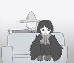  bird couch crow crowanon feathers greyscale harpy hat messy_hair monochrome monster_girl original scarecrow scared straw_hat sweat talons wings 