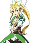  :d blonde_hair bracelet braid breasts choker cleavage collar collarbone cowboy_shot green_eyes green_ribbon hair_between_eyes hair_ornament high_ponytail holding holding_sword holding_weapon jewelry leafa long_hair looking_at_viewer medium_breasts open_mouth pointy_ears ribbon sheath shorts simple_background smile solo standing sword sword_art_online twin_braids very_long_hair weapon white_background white_shorts 